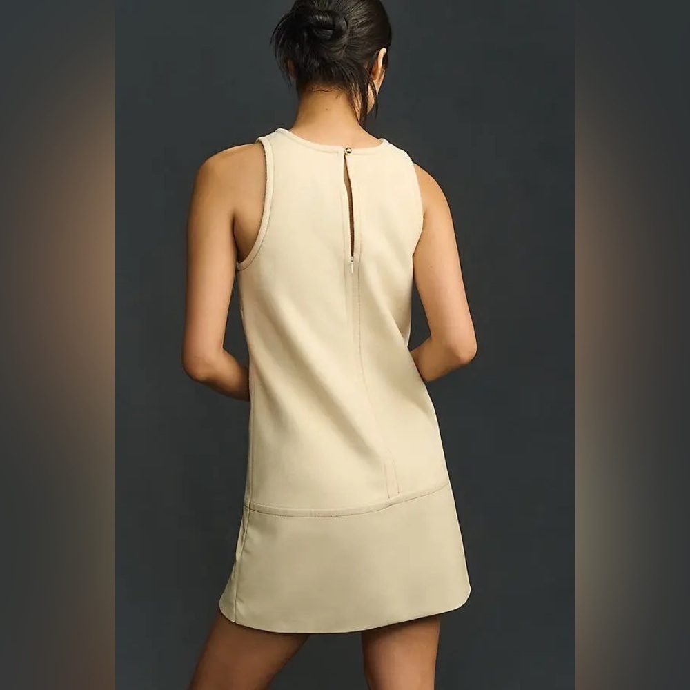 Anthropologie Cream Sleeveless Shift Dress w/ Faux Leather Hem LP - Picture 4 of 8